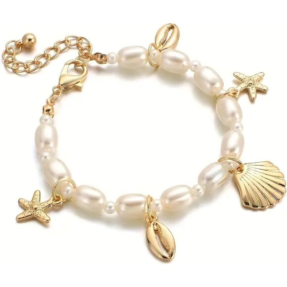 Pearl Shell Anklet Bracelet for Women with Gold Starfish Charm Beach Jewelry - Picture 2 of 7